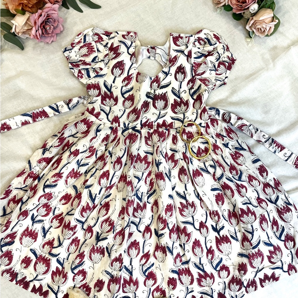 Indian floral pure cotton hand block printed dress for girls, girls dresses